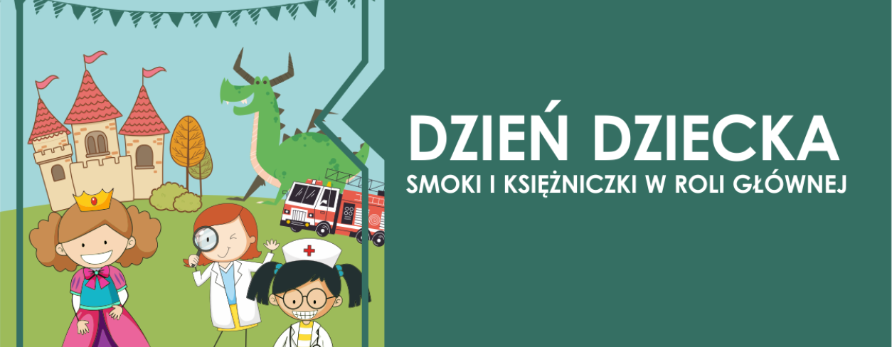 Grafika zapowiadająca wydarzenie Dzień Dziecka z MDK Lubliniec ,,Smoki i księżniczki w roli głównej'' 