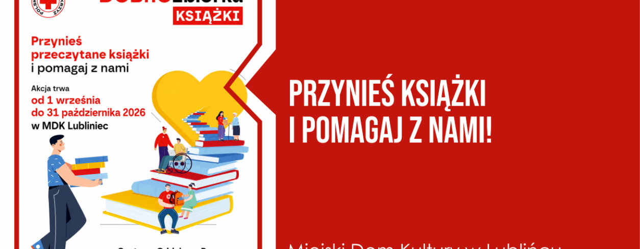 Grafika zapowiadająca DobroZbiórka Ksiązki w MDK Lubliniec 