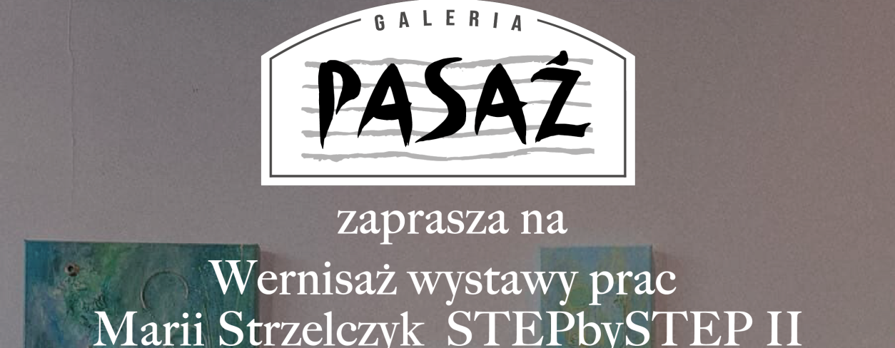 Plakat anonsujący wernisaż wystawy prac na tle obrazów 