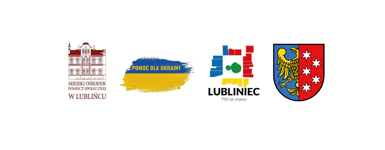 logotyp mops lubliniec, flaga Ukrainy z napisem "pomoc dla ukrainy", logo jubileuszu 750-lecia lublińca, herb Lublińca
