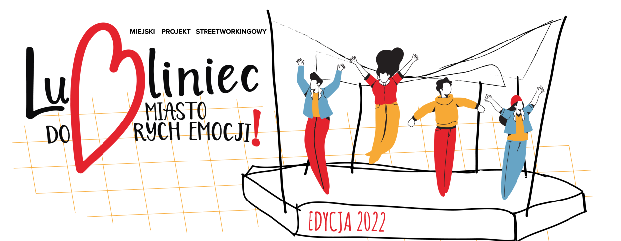 logo Lublinieckiego projektu streetworkingowego edycja 2022 pokazująca krzywą scene Lublinieckiego Rynku i 4 postacie skaczące na scenie