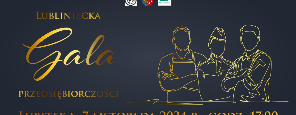 Grafika - postaci rzemieślników i napis Lubliniecka Gala Przedsiębiorczości 