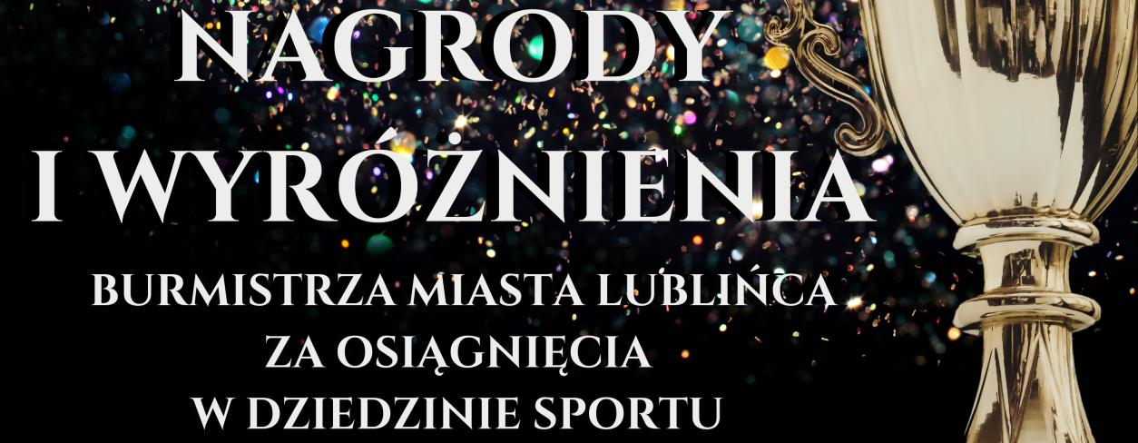 Grafika promująca ogłoszenie naboru do nagród i wyróżnień sportowych. W tle puchar na brokatowym tle.