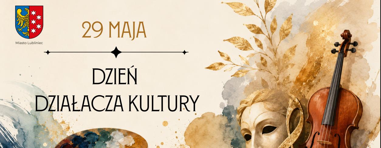 Symbole działań kulturalnych - farby, skrzypce, maska, książka 