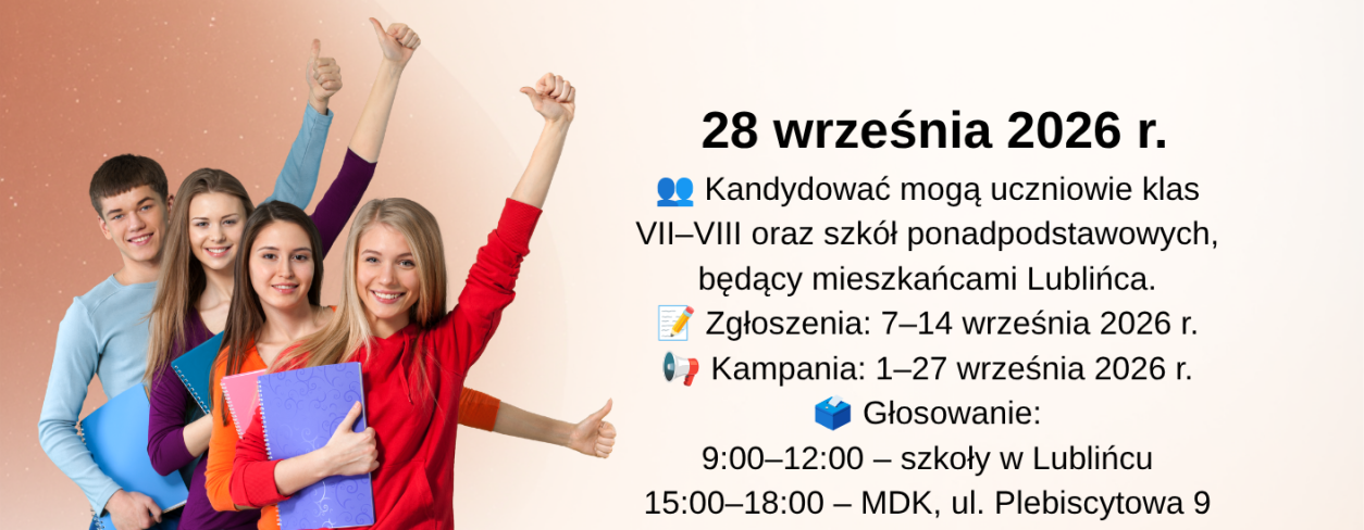 Młodzież z notesami oraz informacje o wyborach 