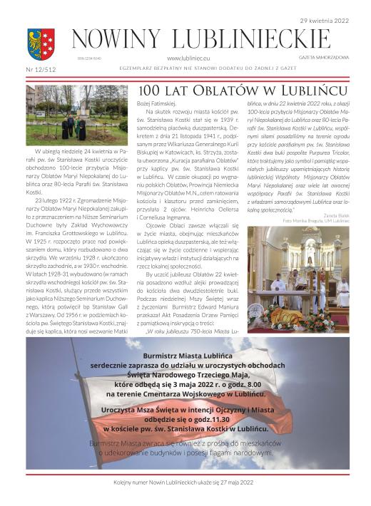 Pierwsza strona 2 nueru Nowin Lublinieckich - zawiera grafikę z zaproszeniem mieszkańców na uroczyste obchody Święta Narodowego Trzeciego Maja oraz opis obchodów 100-lecia przybycia do Lublińca Ojców Oblatów