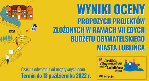 Treść: Wyniki oceny propozycji projektów złożonych w ramach VII edycji Budżetu Obywatelskiego Miasta Lublińca; treść zamieszczona na zółtym tle; z lewej strony grafika; w prawym dolnym rogu logo