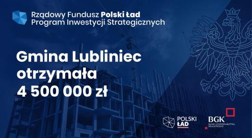 plakat z granatowym tłem zRządowego Programu Inwestycji Strategicznych Polski Ład, informujący o dofinansowaniu 