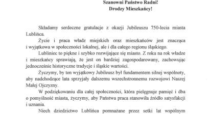 List gratulacyjny Bożeny Wręczyckiej - Dyrektor Szkoły Podstawowej nr 1 w Lublińcu