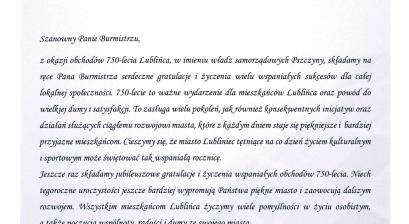 List gratulacyjny Burmistrza Pszczyny - Dariusza Skrobol oraz Przewodniczący Rady Miejskiej Leszek Szczotka