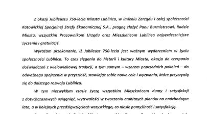 List gratulacyjny Jaceka Bialika – Wiceprezes Zarządu Katowickiej Specjalnej Strefy Ekonomicznej