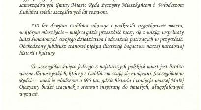 List gratulacyjny Krzysztofa Krzemińskiego – Burmistrz Miasta Redy oraz Przewodniczący Rady Miejskiej Kazimierz Okrój