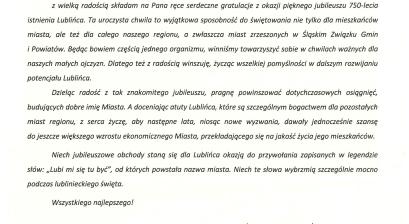 List gratulacyjny  Marcina Krupa – Prezydent Miasta Katowice