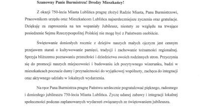 List gratulacyjny Mariusza Trepka – Poseł na Sejm Rzeczypospolitej Polskiej