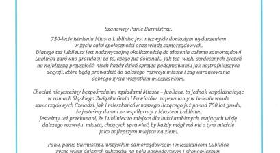 List gratulacyjny Zbigniewa Szaleńca – Burmistrz Miasta Czeladź