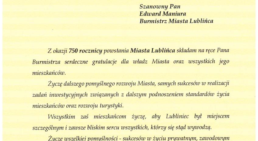 List gratulacyjny Ireneusza Czecha – Wójt Gminy Kochanowice