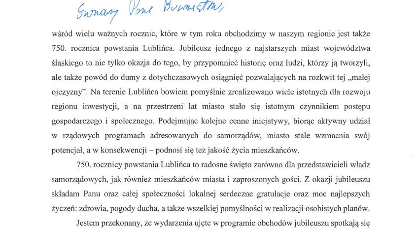 List gratulacyjny Jarosława Wieczoreka – Wojewoda Śląski