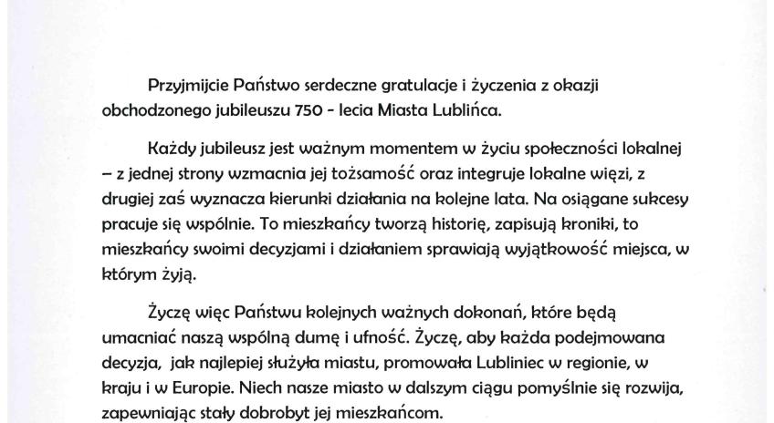 List gratulacyjny Joanny Brodowy – Dyrektor Szkoły Podstawowej nr 2 w Lublińcu