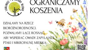 Grafika promujaca ograniczenie koszeń z treścią edukacyją. W tle grafika łaki, kwiatów polnych oraz logo - Lubliniec z natury blisko.