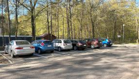parking przy ulicy otoczony zielenią i drzewami na każdym miejscu stoi auto osobowe